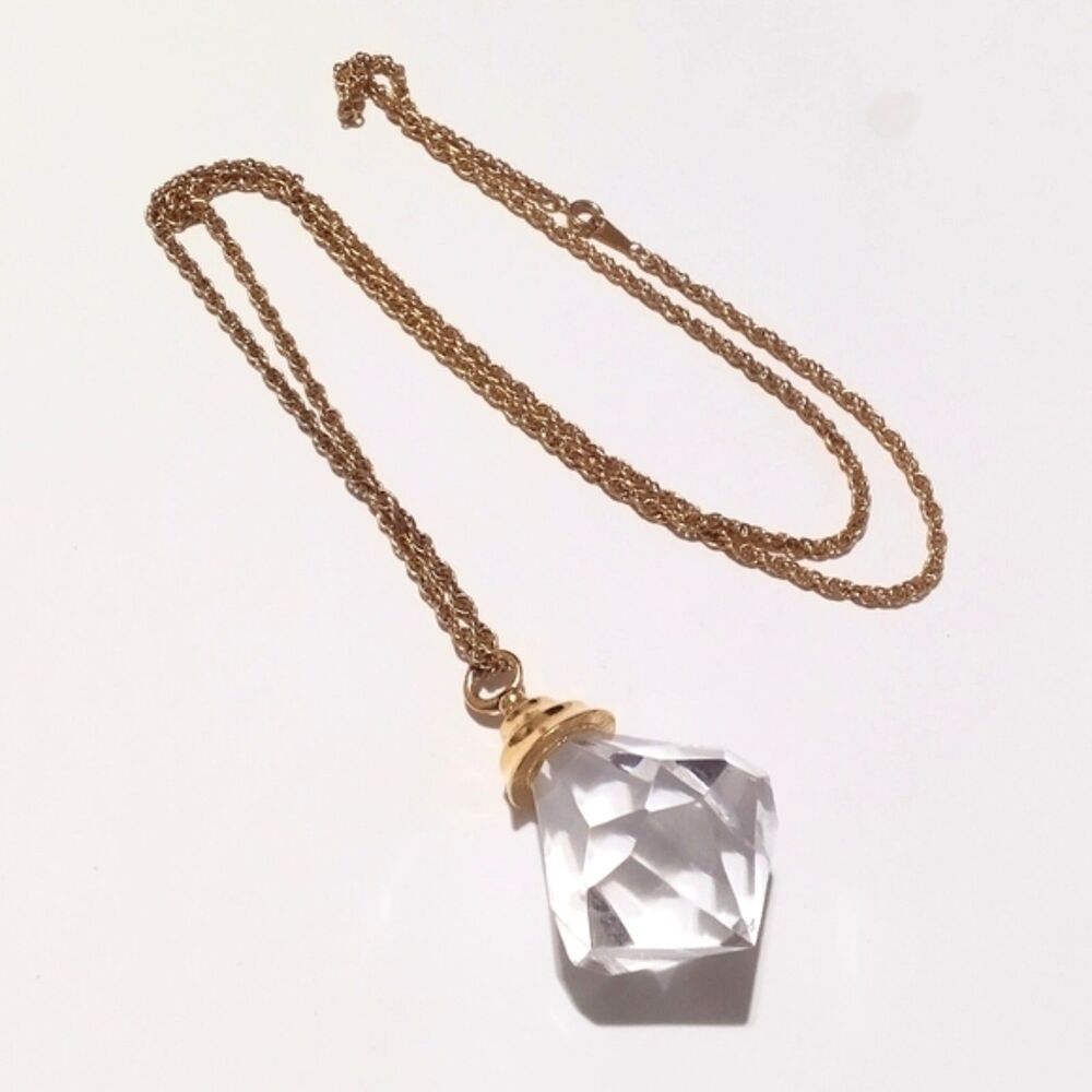 Gold Tone Faux Crystal Drop Pendant Necklace 28" Chain - Picture 3 of 7